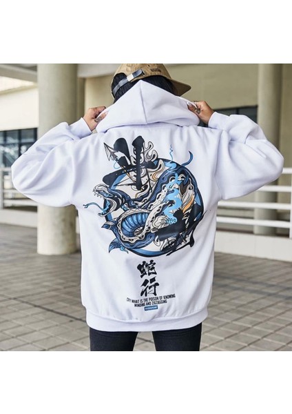 Büyük Beden Özel Tasarım Kapüşonlu Japon Sembol Sırt Baskılı Oversize Battal Erkek Sweatshırt