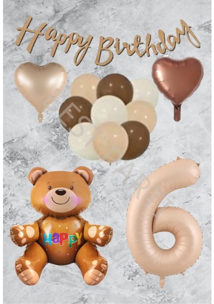 Kum Beji Rakam Kalp Ayıcıklı Folyo Balon Seti Yaş 6