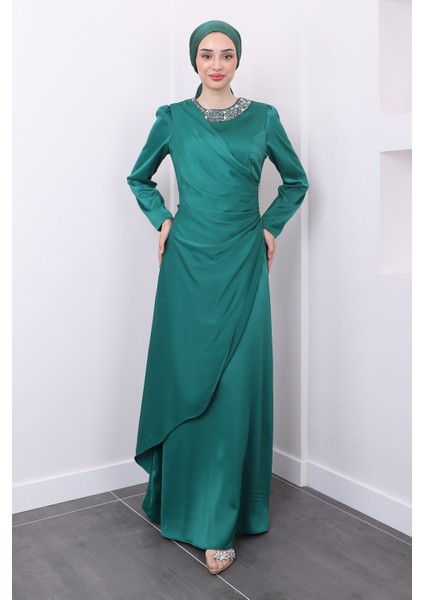 Yeşil Drapeli Taşlı Saten Abiye