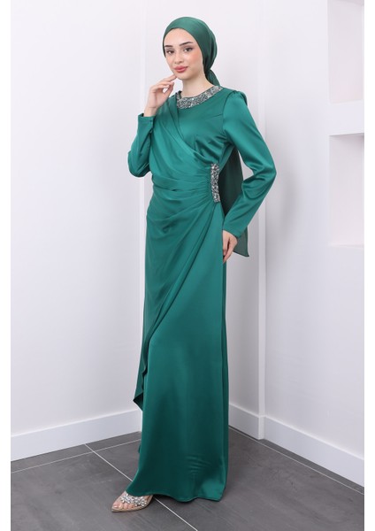 Yeşil Drapeli Taşlı Saten Abiye fiyatları