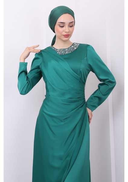 Yeşil Drapeli Taşlı Saten Abiye modelleri