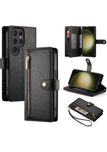 Samsung Galaxy S23 Ultra Kickstand Cüzdan Bölmesi Bilek Için Flip Case (Yurt Dışından)