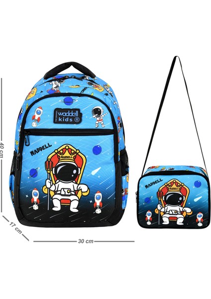 Lisanslı Siyah Mavi Astronot Desenli Erkek Çocuk Ilköğretim Sırt Çantası ve Beslenme Çantası