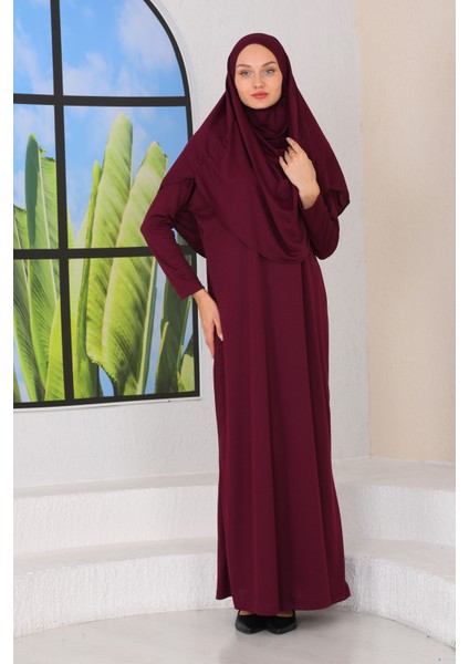 Pratik Başörtülü Tek Parça Namaz Elbisesi Mürdüm