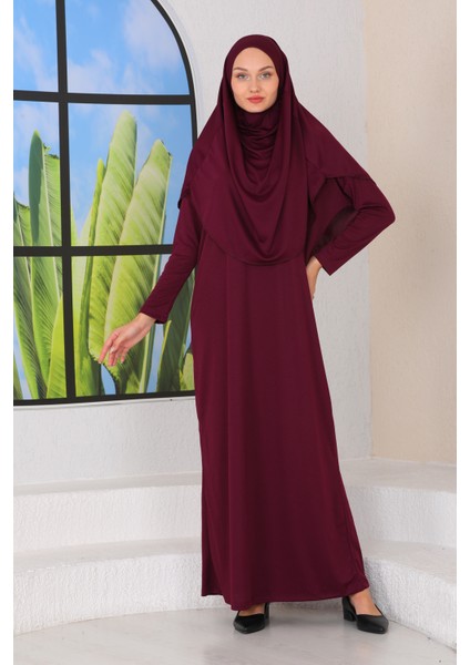 Pratik Başörtülü Tek Parça Namaz Elbisesi Mürdüm modelleri