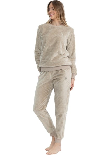 Kadın Bej Yuvarlak Yaka Pijama Takımı