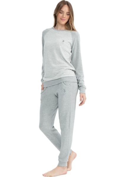 Kadın Gri Melanj Yuvarlak Yaka Pijama Takımı