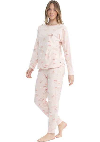 Kadın Pembe Melanj Yuvarlak Yaka Pijama Takımı