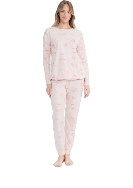 Kadın Pembe Melanj Yuvarlak Yaka Pijama Takımı