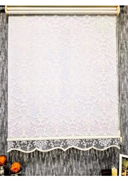 Simli Boncuklu Damask Desenli Çift Mekanizmalı Tül Stor Perde Ekru MT1018SB