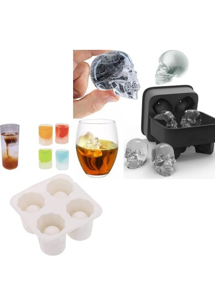 Kokteyl Buzluk Seti 2 Adet Kuru Kafa Buzluk 4lü ve Shot Buzluk Silikon Buz Kalıbı Çikolata Mum Kalıp