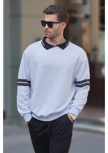 Karmelanj Polo Yaka Oversize Kolu Şeritli Erkek Sweatshirt 7048