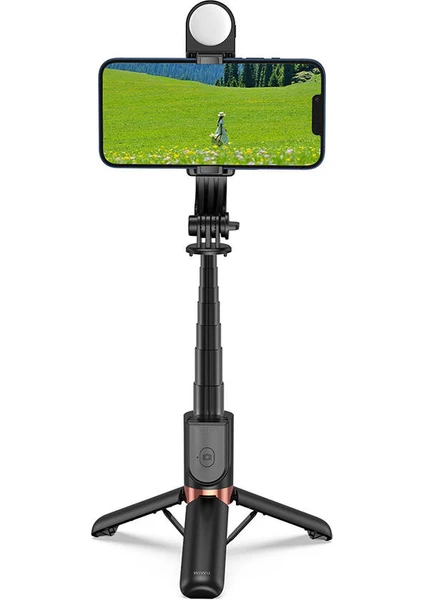 WI-SE011 Dolgu Işıklı Teleskopik Tripod ve Mini Selfie Çubuğu Katlanabilir 82CM