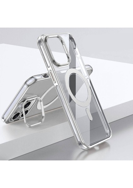 Apple iPhone 14 Pro Max Uyumlu Kılıf Magsafe Şarj Özellikli Wlons Standlı Efsane Kapak Gümüş