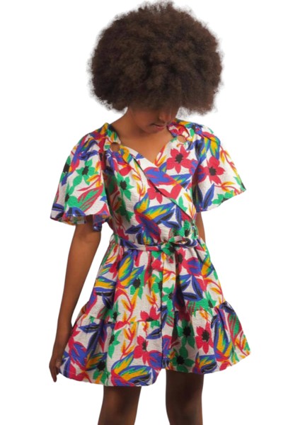 Kız Çocuk Bürümcük Kumaş Çiçek Desenli Omuz Aksesuar Detaylı Beli Lastikli Kuşaklı Renkli Elbise