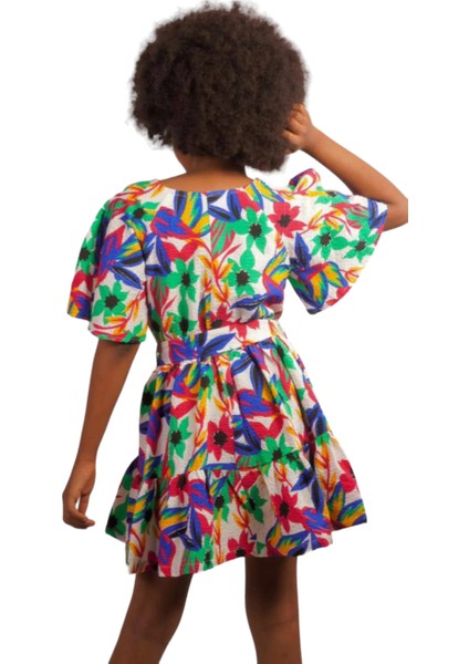 Kız Çocuk Bürümcük Kumaş Çiçek Desenli Omuz Aksesuar Detaylı Beli Lastikli Kuşaklı Renkli Elbise fiyatları