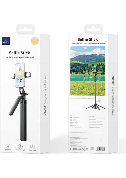 Canlı Yayın Dolgu Işıklı Teleskopik Tripod ve Selfie Çubuğu Wiwu WI-SE012 Açılabilir Ayaklı 185 cm