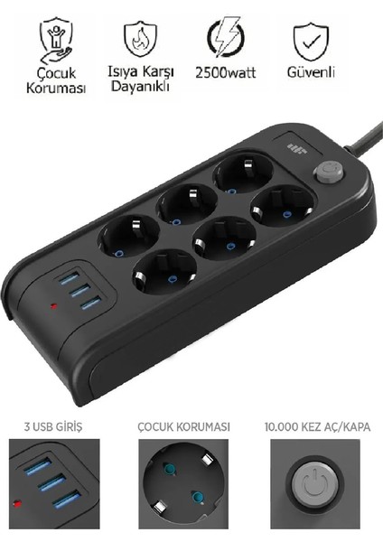 The Wlue Çoklu 6'lı Priz Akım Korumalı 3xusb 3.4A 2500 Watt 2 Metre Uzatma Kablosu Anahtarlı Çocuk Korumalı