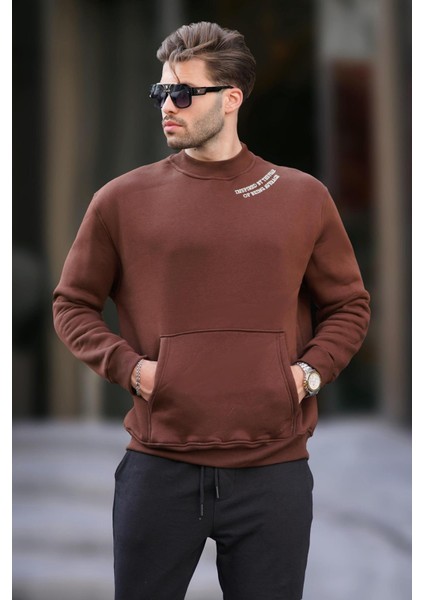 Acı Kahverengi Bisiklet Yaka Nakış Detaylı Cepli Erkek Sweatshirt 7049