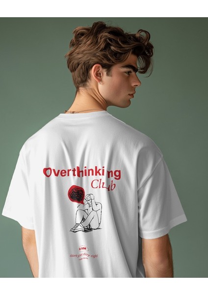 Kırmızı Overthinking Club Tasarım Relaxed Fit Erkek Ön-Arka Baskılı Tişört