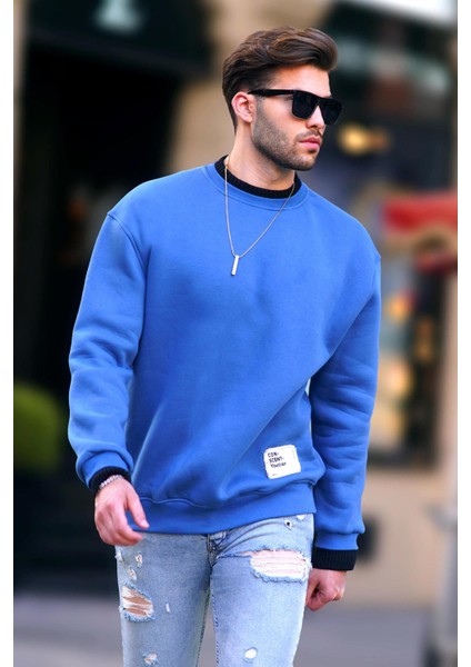 Indigo Bisiklet Yaka Oversize Şardonlu Arma Detaylı Erkek Sweatshirt 7043