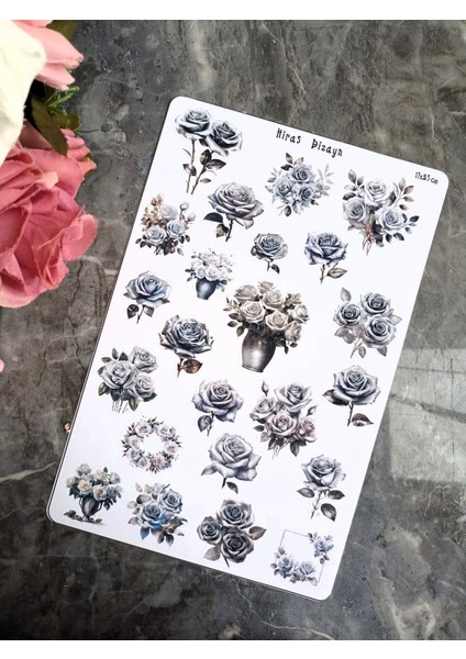 Hiras Dizayn 17 x 25 cm cm Gri Gümüş Güller Çiçekler Sticker Sayfa Elementler Sticker Bullet Journal Scrapbook Ajanda