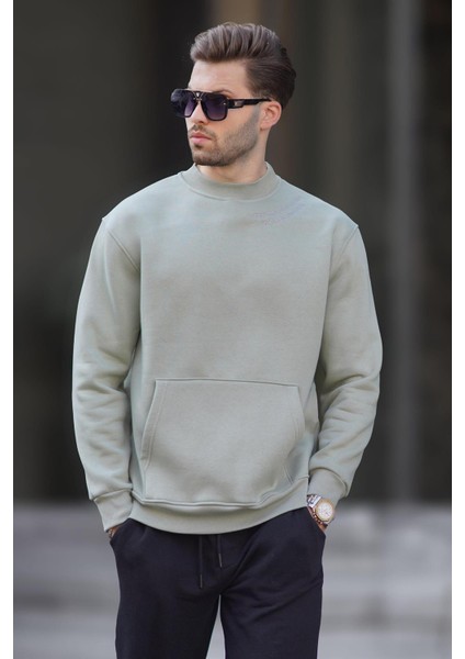 Mint Yeşili Bisiklet Yaka Nakış Detaylı Cepli Erkek Sweatshirt 7049