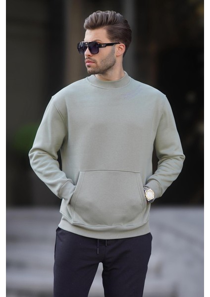 Mint Yeşili Bisiklet Yaka Nakış Detaylı Cepli Erkek Sweatshirt 7049