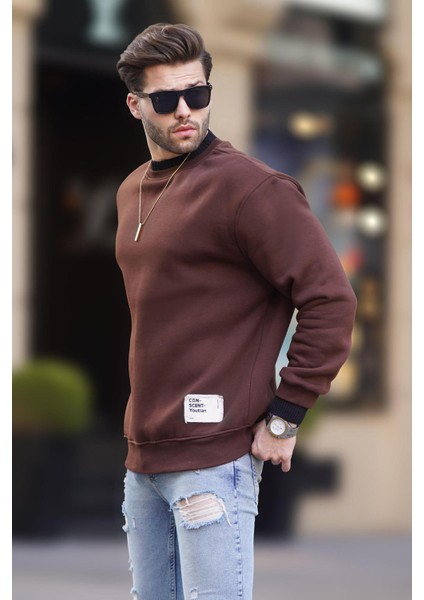 Acı Kahverengi Bisiklet Yaka Oversize Şardonlu Arma Detaylı Erkek Sweatshirt 7043