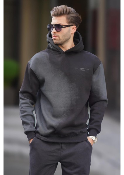 Siyah Baskılı Kapşonlu Soluk Kumaşlı Oversize Erkek Sweatshirt 7051 modelleri
