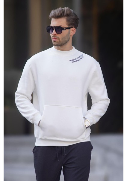 Ekru Bisiklet Yaka Nakış Detaylı Cepli Erkek Sweatshirt 7049