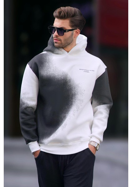 Ekru Baskılı Kapşonlu Soluk Kumaşlı Oversize Erkek Sweatshirt 7051