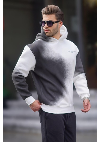 Ekru Baskılı Kapşonlu Soluk Kumaşlı Oversize Erkek Sweatshirt 7051