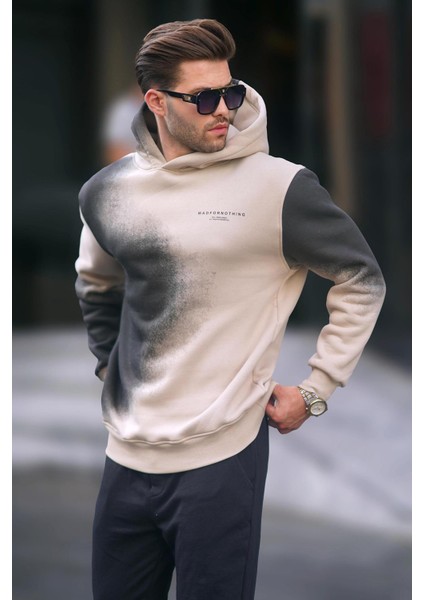 Bej Baskılı Kapşonlu Soluk Kumaşlı Oversize Erkek Sweatshirt 7051