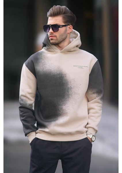 Bej Baskılı Kapşonlu Soluk Kumaşlı Oversize Erkek Sweatshirt 7051 modelleri