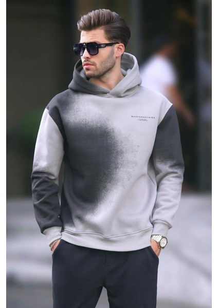 Boyalı Gri Baskılı Kapşonlu Soluk Kumaşlı Oversize Erkek Sweatshirt 7051