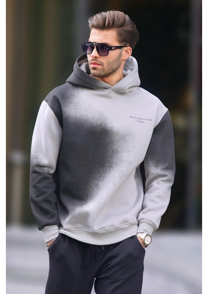 Boyalı Gri Baskılı Kapşonlu Soluk Kumaşlı Oversize Erkek Sweatshirt 7051