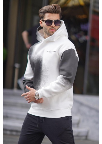 Ekru Baskılı Kapşonlu Soluk Kumaşlı Oversize Erkek Sweatshirt 7051 modelleri