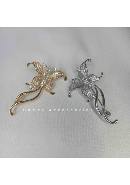 Humer Accessories Pırlanta ve Zirkon Detay Butterfly Çelik Broş