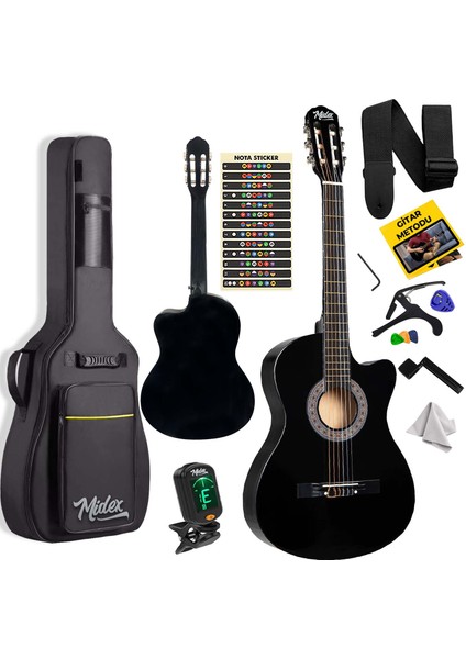 CG-390BK-XBAG Siyah Klasik Gitar 4/4 Sap Ayarlı Kesik Kasa Full Set (Çanta Tuner Askı Capo Metod Pena)