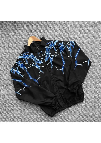 Paraşüt Kumaş Yıldırım Baskılı Oversize Beyaz Su Geçirmez Rüzgarlık Yağmurluk