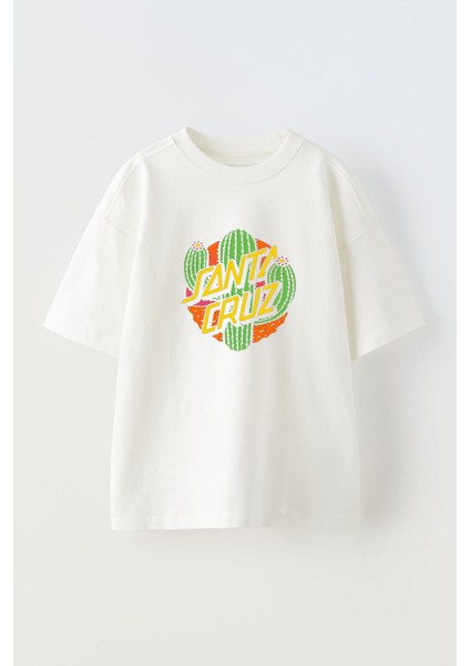 Santa Cruz Tasarım Baskılı Pamuk Beyaz Oversize T-Shirt