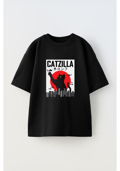 Catzilla Tasarım Baskılı Pamuk Sıyah Oversize T-Shirt