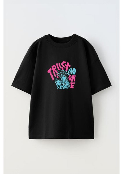 Trust No One Tasarım Baskılı Pamuk Sıyah Oversize T-Shirt