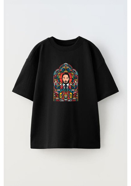 John Wick Mezar Tasarım Baskılı Pamuk Sıyah Oversize T-Shirt