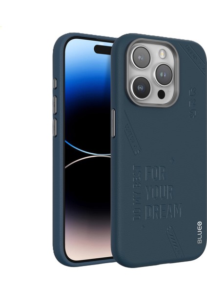 iPhone 15 Pro Uyumlu Lacivert Deri Punk Premium Telefon Kılıfı