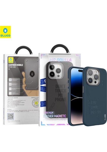 iPhone 15 Pro Uyumlu Lacivert Deri Punk Premium Telefon Kılıfı