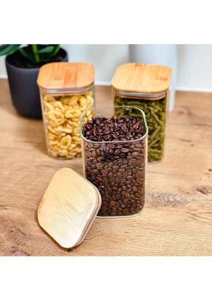 Home 6'lı 1000 ml Bambu Kapaklı Kare Cam Baharatlık Drajelik ve Erzak Kabı indirimleri