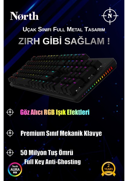 Shield Blue Switch Türkçe Q RGB Full Metal Panel Mekanik Gaming Klavye - Siyah