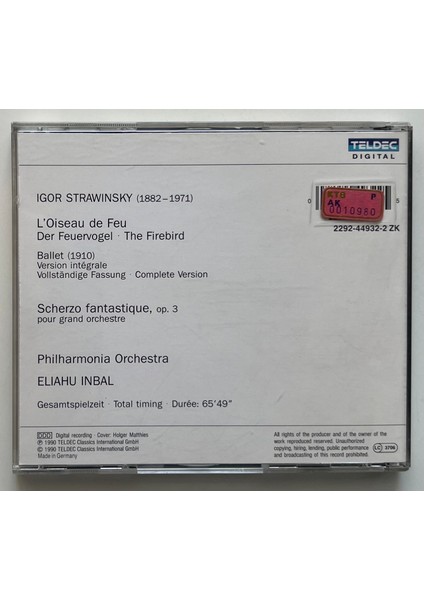 Philharmonia Orchestra Eliahu Inbal The Firebird Der Feuervogel L'oiseau De Feu & Scherzo Fantastique, Op. 3 CD (Orjnal Dönem Baskı Cd)